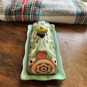 Anthropologie Okuno Handpainted Ceramic Butter Dish With Lid Boho Floral Design